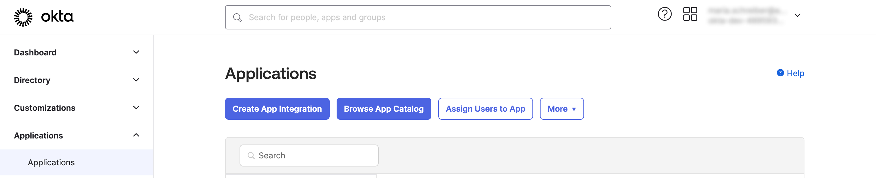 Okta Application screen